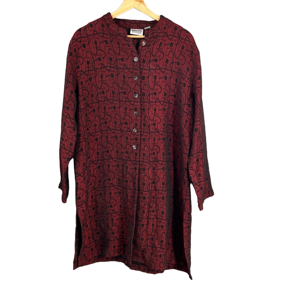 Chico's‎ Design Tunic Red Black Metallic Jacquard Artistic Abstract Size 3/XL